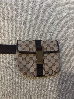 Gucci Brown/Tan GG Canvas Belt Bag with Dark Brown Strap